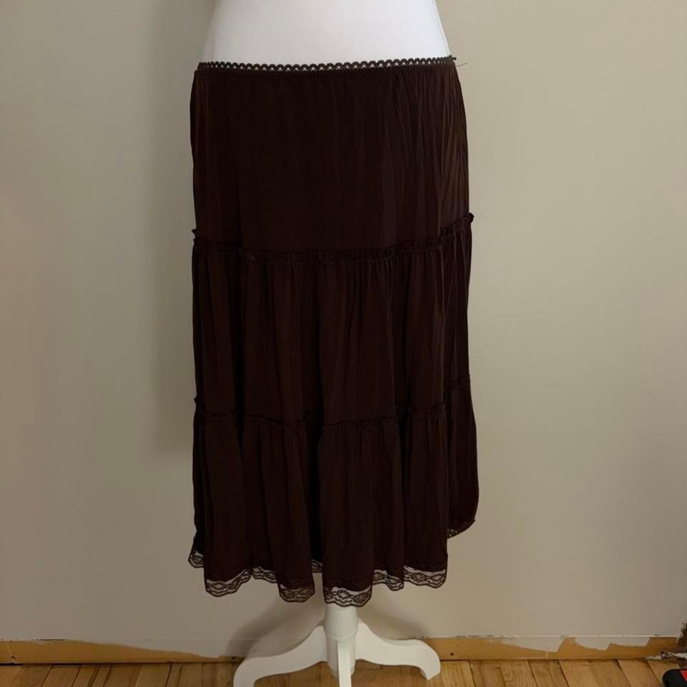 VTG Chocolate Brown Midi Peasant Skirt Sz M Lace Fairy Grunge Whimsigoth Y2k